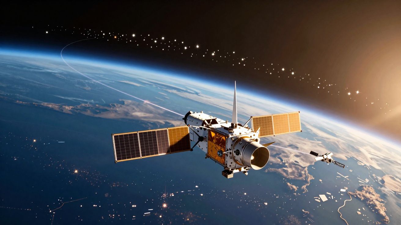 Satélite artificial com painéis solares em órbita da Terra com o sol ao fundo.