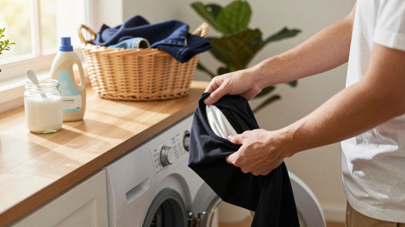 Pessoa a retirar roupa da máquina de lavar com cesto de roupa e detergente ao lado numa lavandaria doméstica.