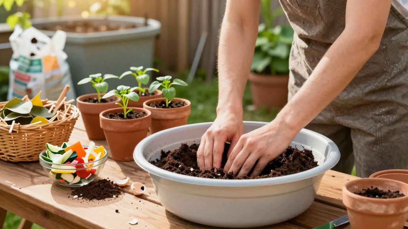 Pessoa a preparar terra para plantar em vaso, com vasos de plantas e ferramentas na mesa de madeira.