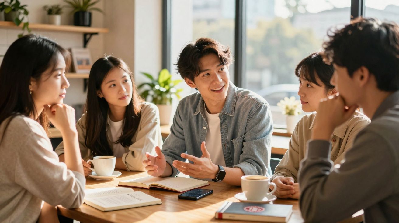 Grupo de jovens a conversar e estudar juntos à mesa com livros e cafés num ambiente luminoso e acolhedor.