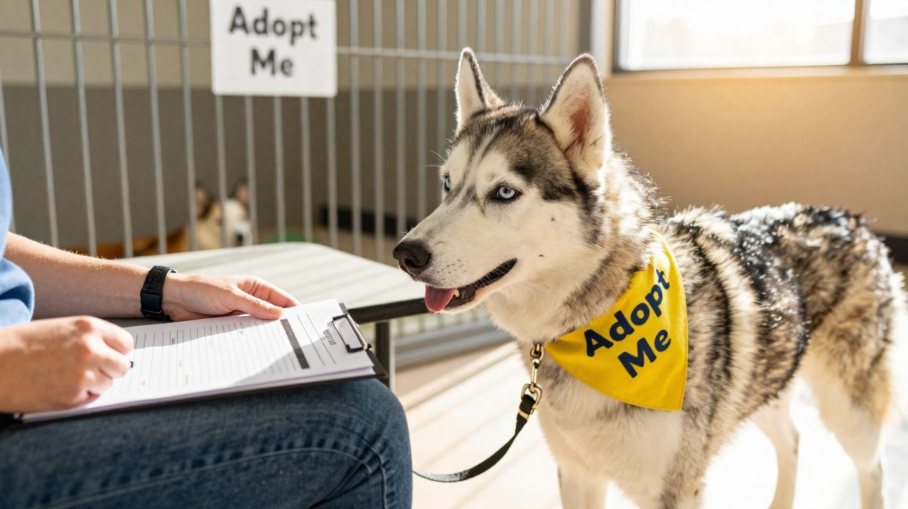 Cão Husky cinzento com bandana amarela "Adopt Me" ao lado de pessoa a preencher formulário para adoção.