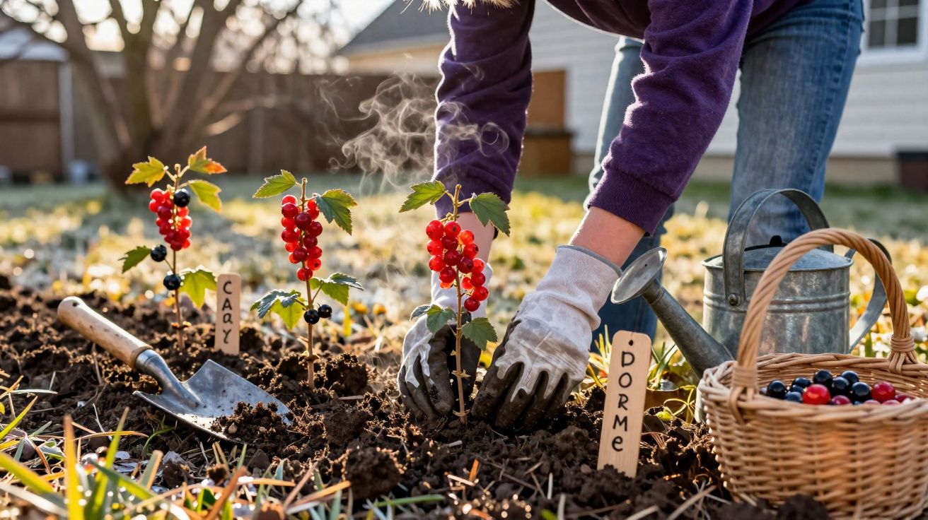 Pessoa a plantar pés de groselhas vermelhas e pretas num jardim com regador e cesta de frutos.