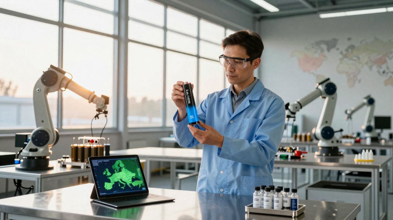 Cientista com bata azul e óculos de proteção analisa bateria num laboratório com braços robóticos e computador.