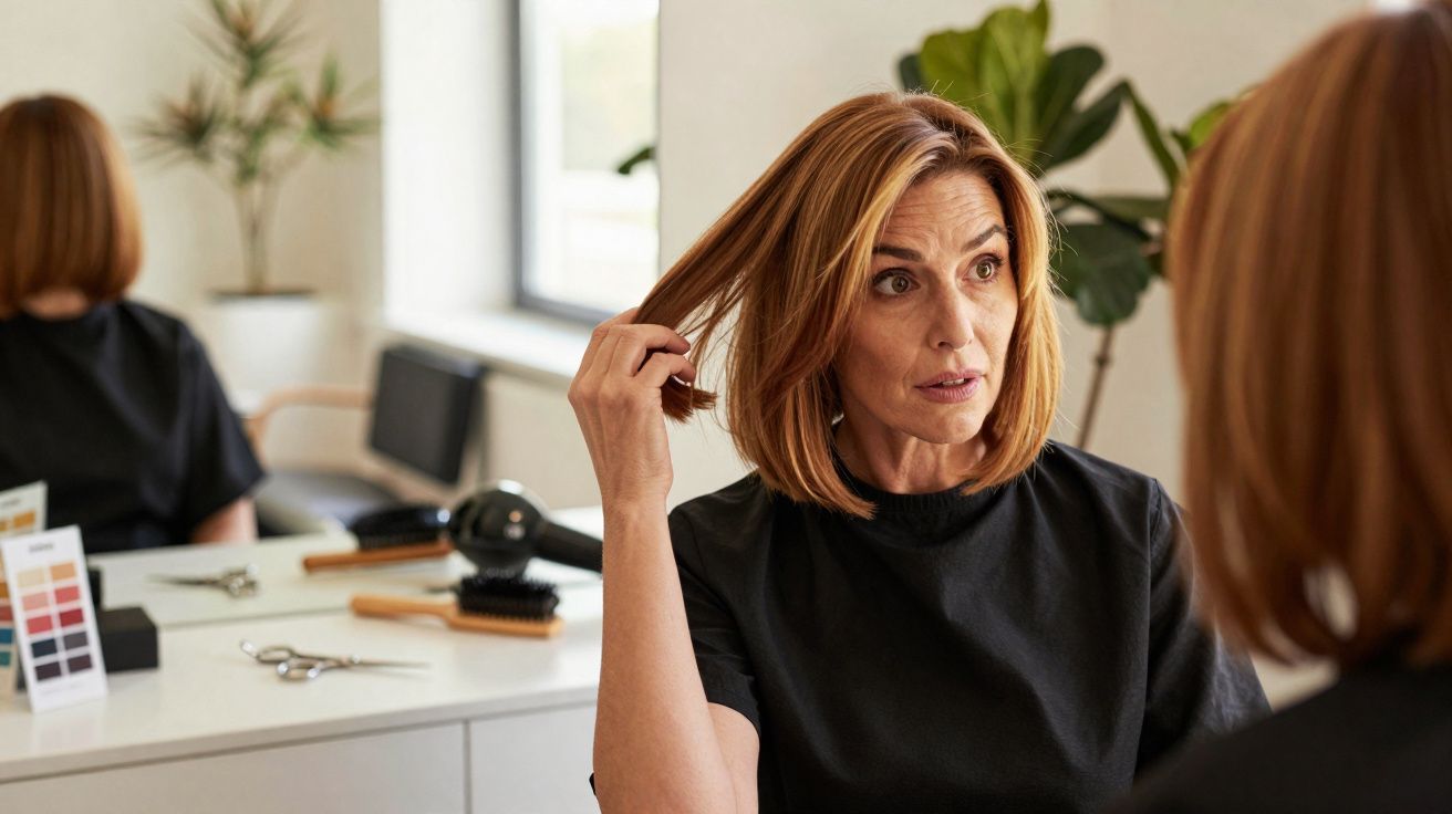 Mulher de cabelo médio castanho claro a olhar cabelo ao espelho num salão de cabeleireiro.