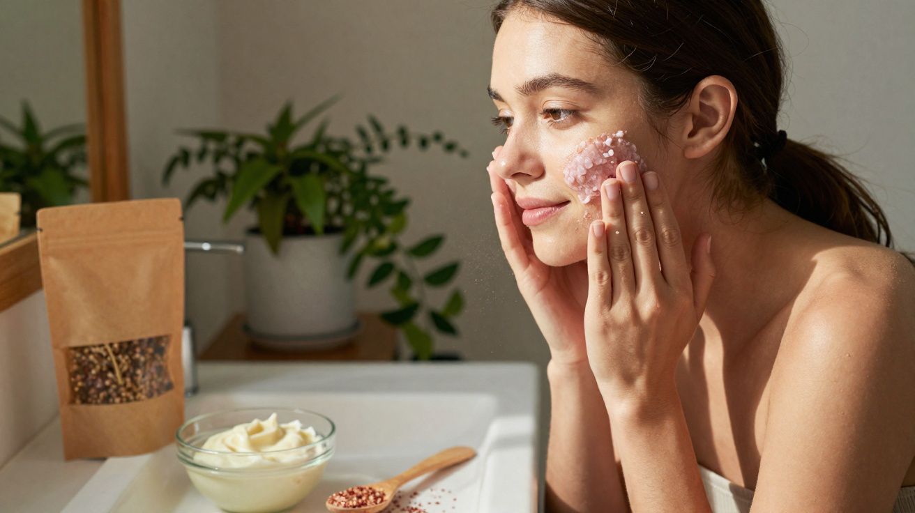 Mulher a aplicar esfoliante facial natural no rosto numa casa de banho bem iluminada.