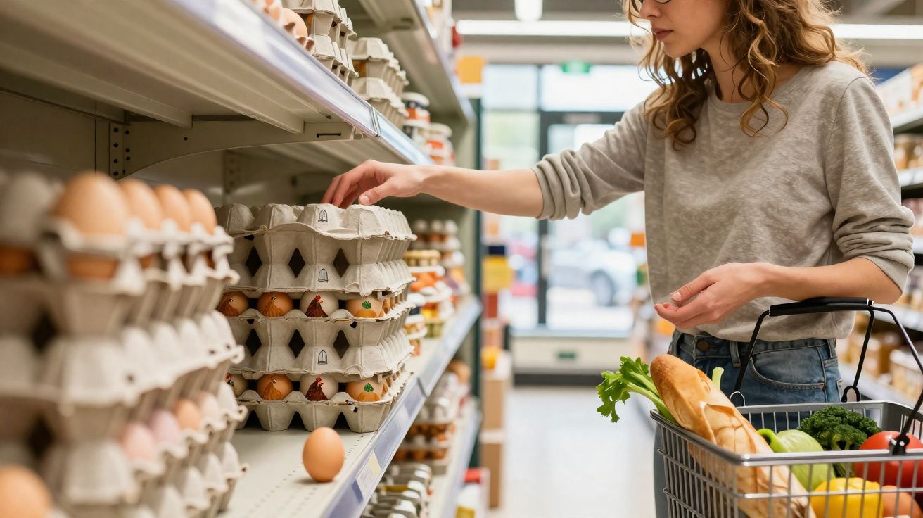 Mulher a escolher ovos numa prateleira de supermercado, com carrinho cheio de legumes e pão.