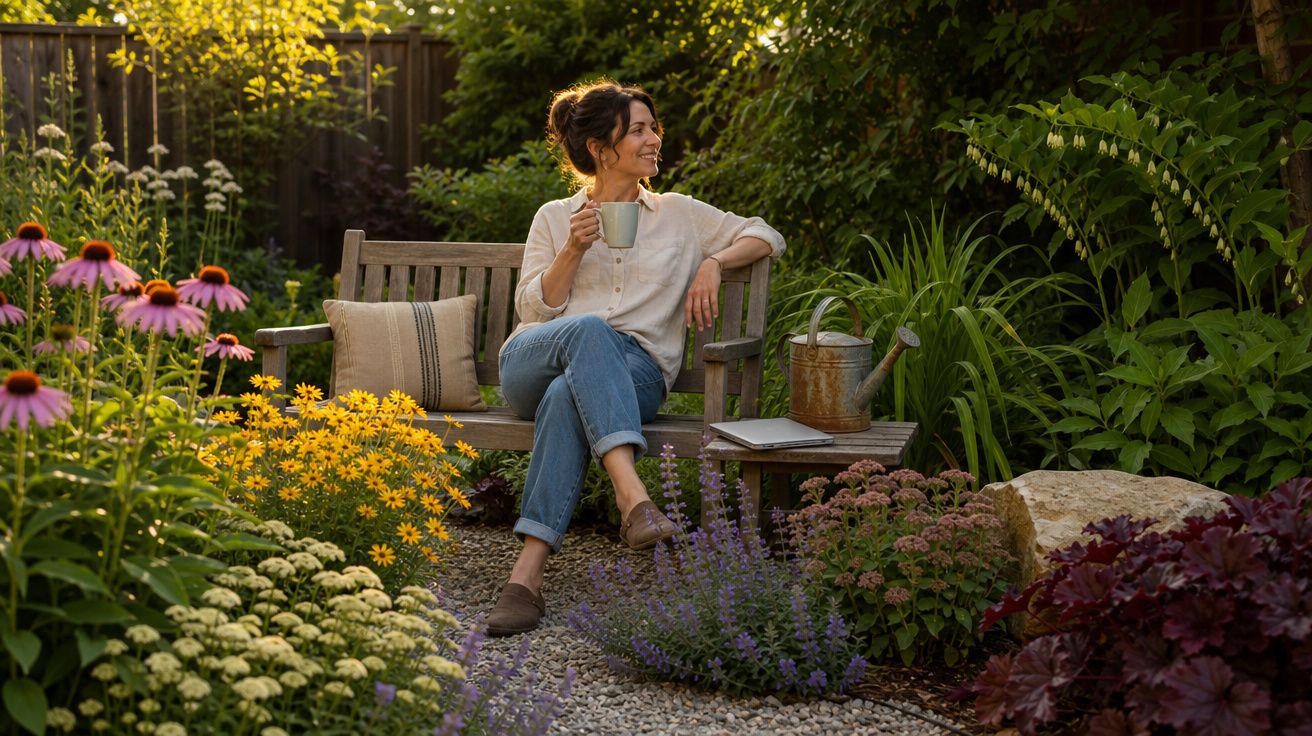 Mulher sorridente sentada num banco de jardim, a beber de uma caneca rodeada por flores coloridas.