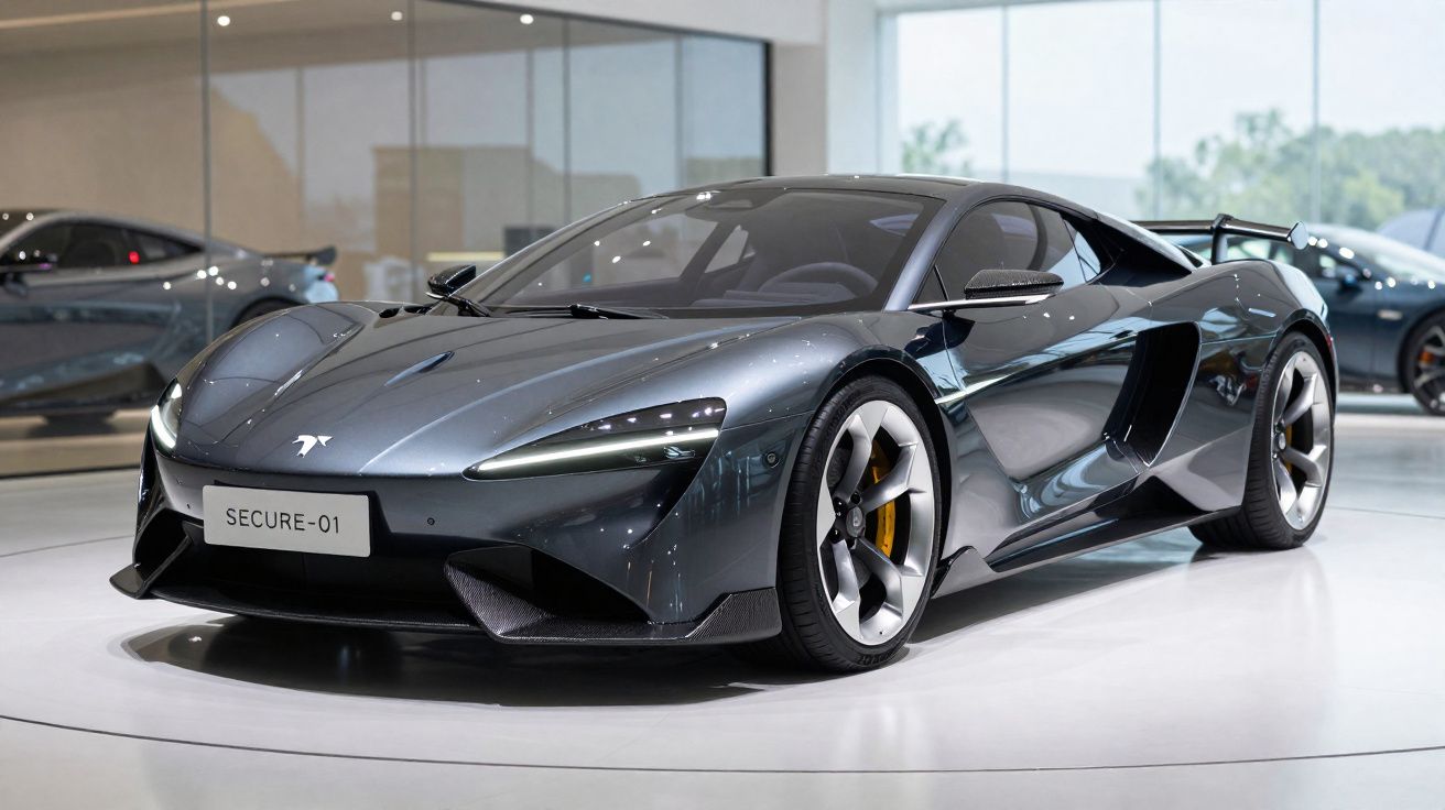 Carro desportivo cinza metálico com design aerodinâmico exposto numa sala de exposições moderna.