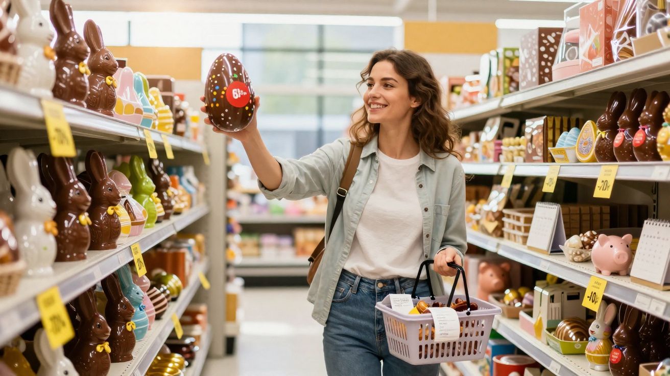Mulher sorridente a segurar ovo de chocolate numa loja decorada com coelhos e ovos de Páscoa.