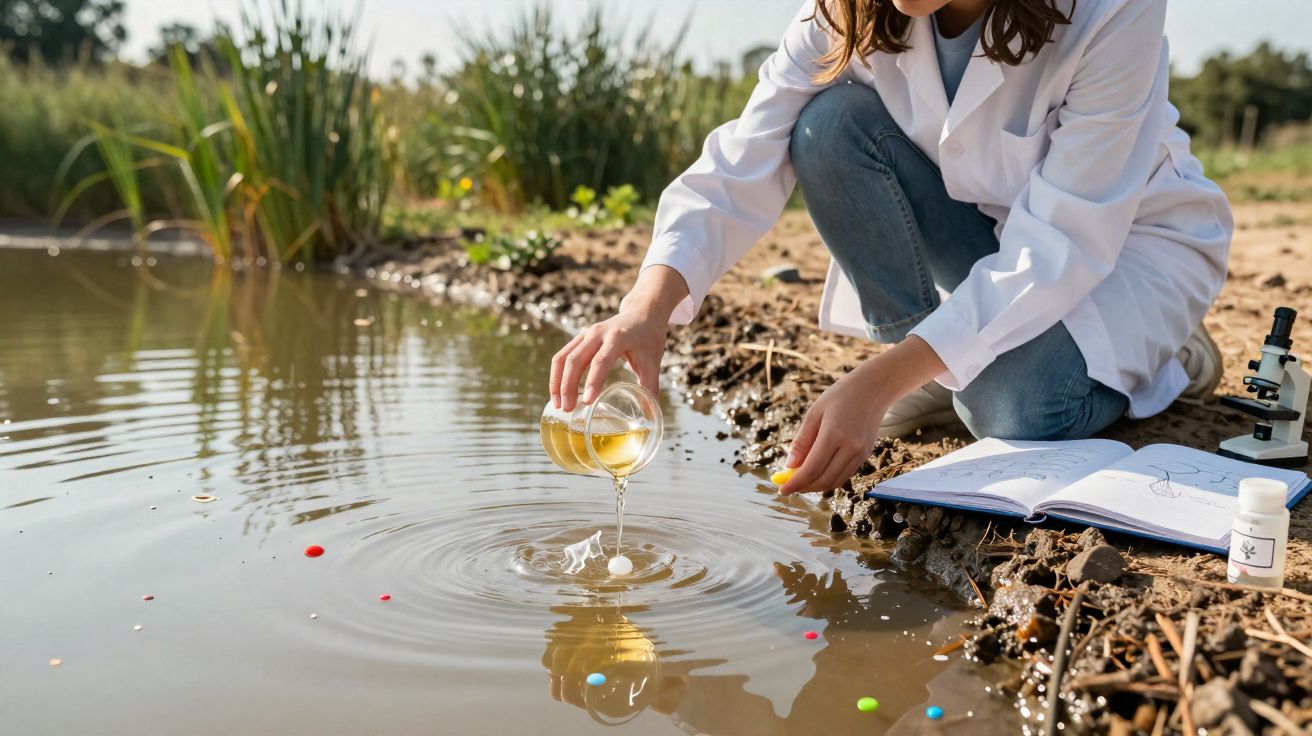 Investigadora com bata branca recolhe amostra de água num lago para análise científica.