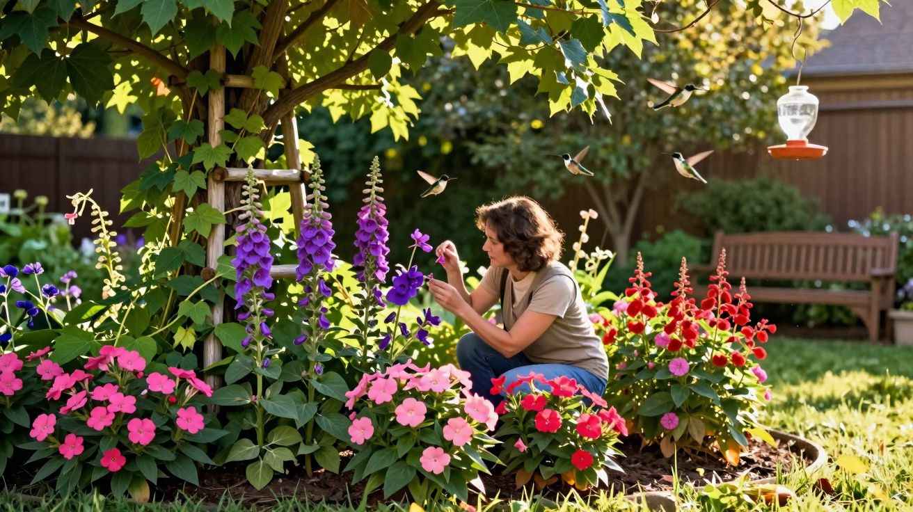 Mulher a cuidar de flores coloridas num jardim com bebedouro e beija-flores a voar ao fundo.