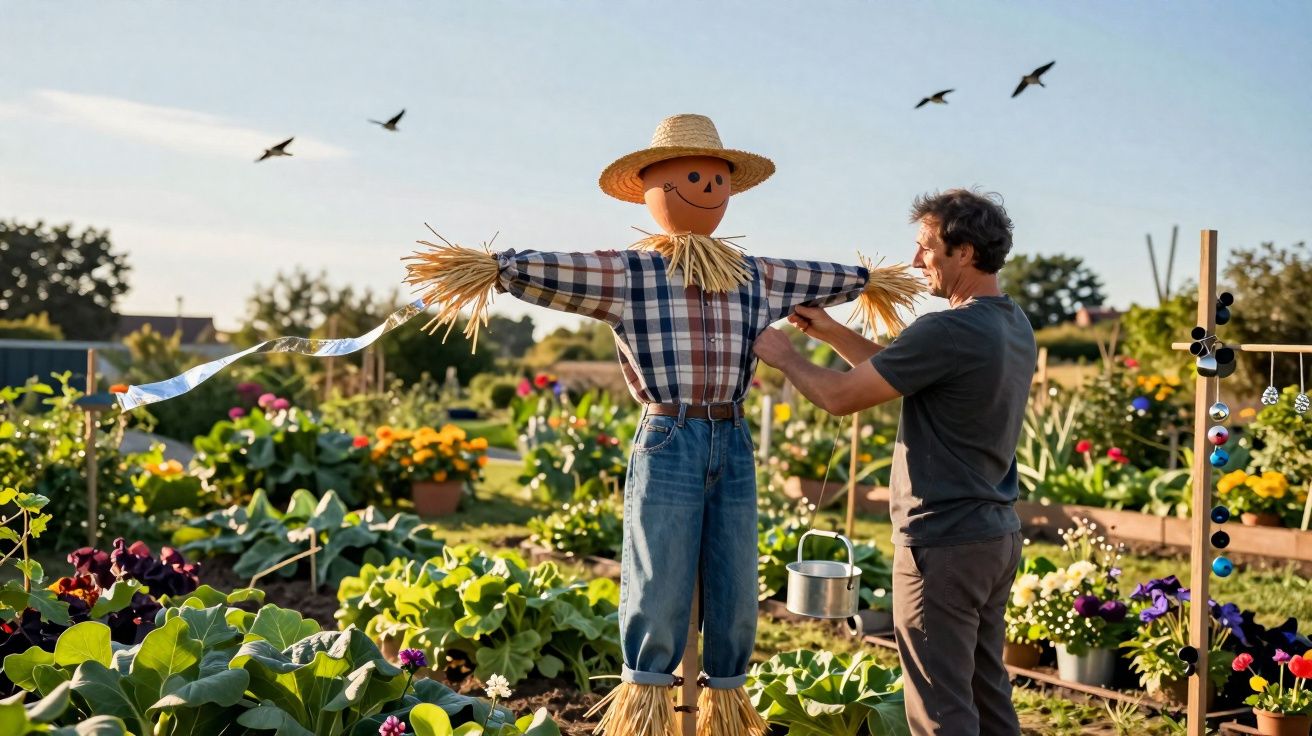 Homem ajusta espantalho vestido com camisa, jeans e chapéu de palha num jardim florido ao ar livre.