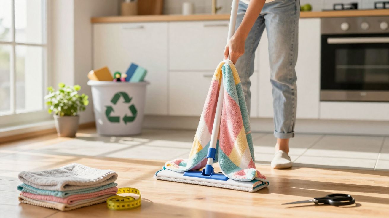 Pessoa a limpar chão de cozinha com esfregona, ao lado de toalhas dobradas e balde de reciclagem.