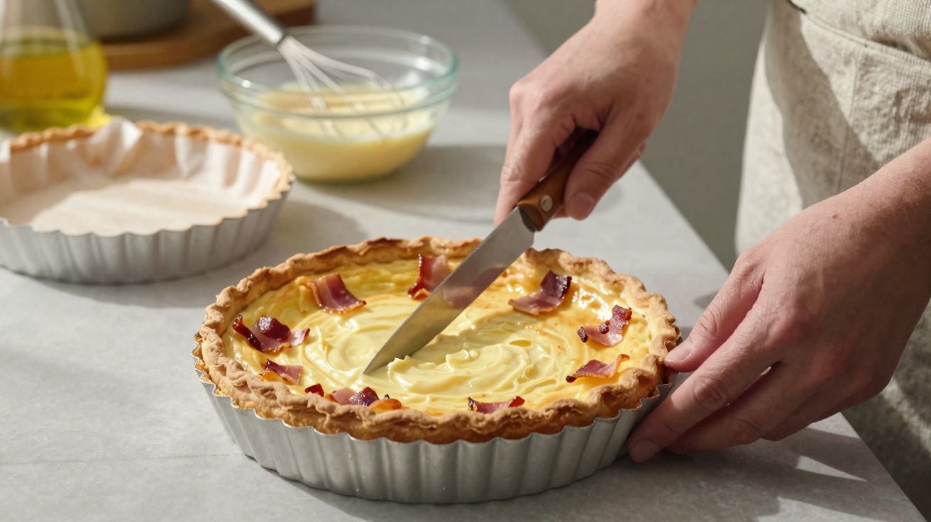 Pessoa a cortar uma tarte salgada com pedaços de bacon numa forma metálica numa bancada de cozinha.