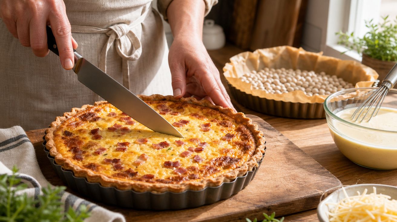 Pessoa a cortar uma quiche acabada de fazer numa cozinha com utensílios e ingredientes ao redor.