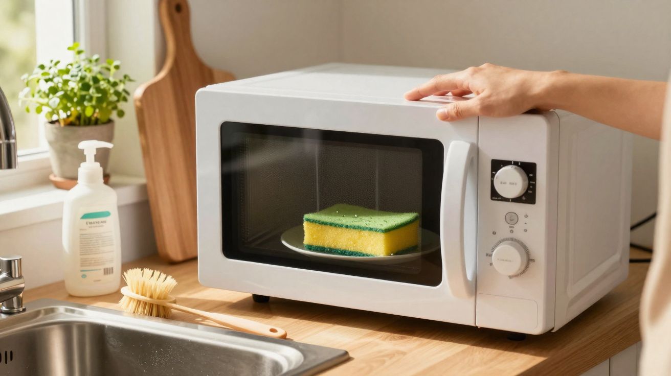 Micro-ondas branco numa bancada de cozinha com uma esponja amarela e verde dentro e uma mão a abrir a porta.