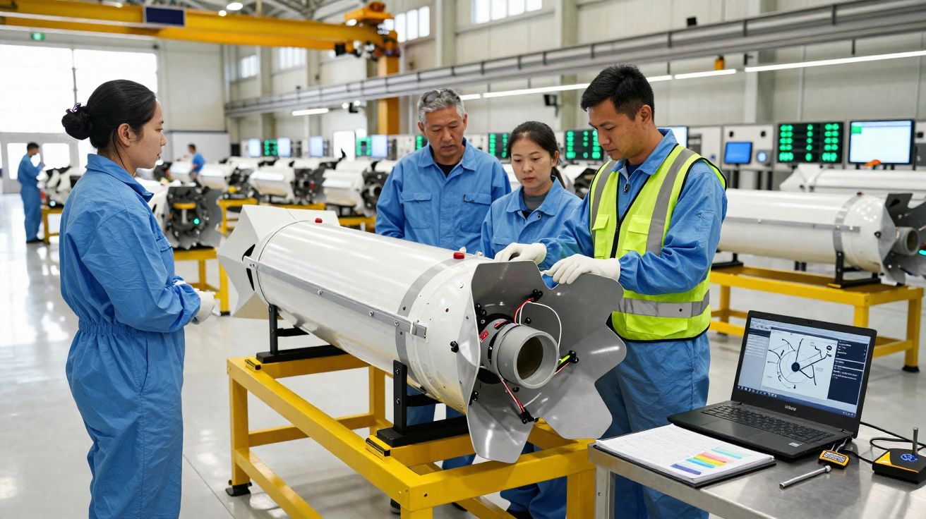 Quatro técnicos em uniforme azul analisam componente cylindrical em oficina industrial moderna com equipamento tecnológico.