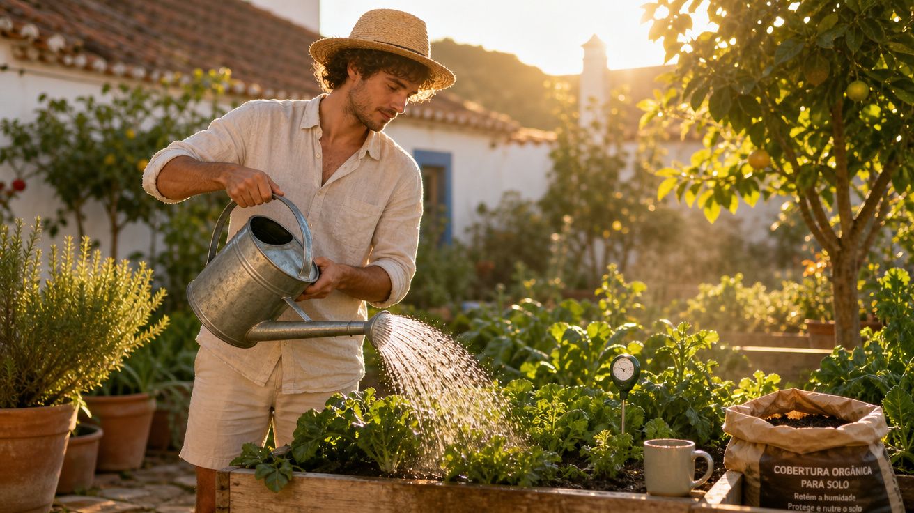 Homem com chapéu a regar plantas numa horta urbana ao entardecer num dia ensolarado.
