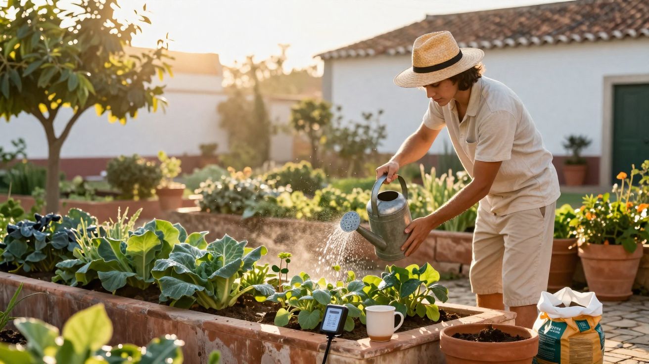 Pessoa com chapéu a regar plantas numa horta urbana ao pôr do sol.
