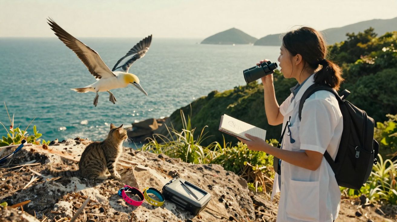 Mulher observa aves marinhas com binóculos numa falésia, gato observa pássaros, mar ao fundo.