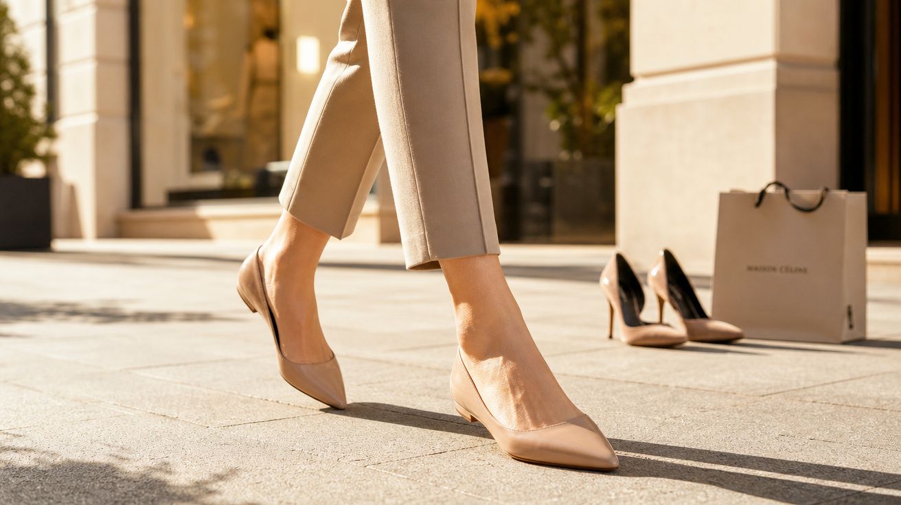 Pessoas a caminhar numa rua com calçado feminino elegante cor nude, com sacos de compras ao fundo.
