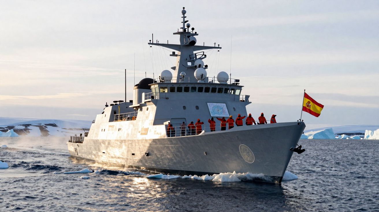 Navio de patrulha com tripulação e bandeira de Espanha navegando em águas geladas com icebergues ao fundo.