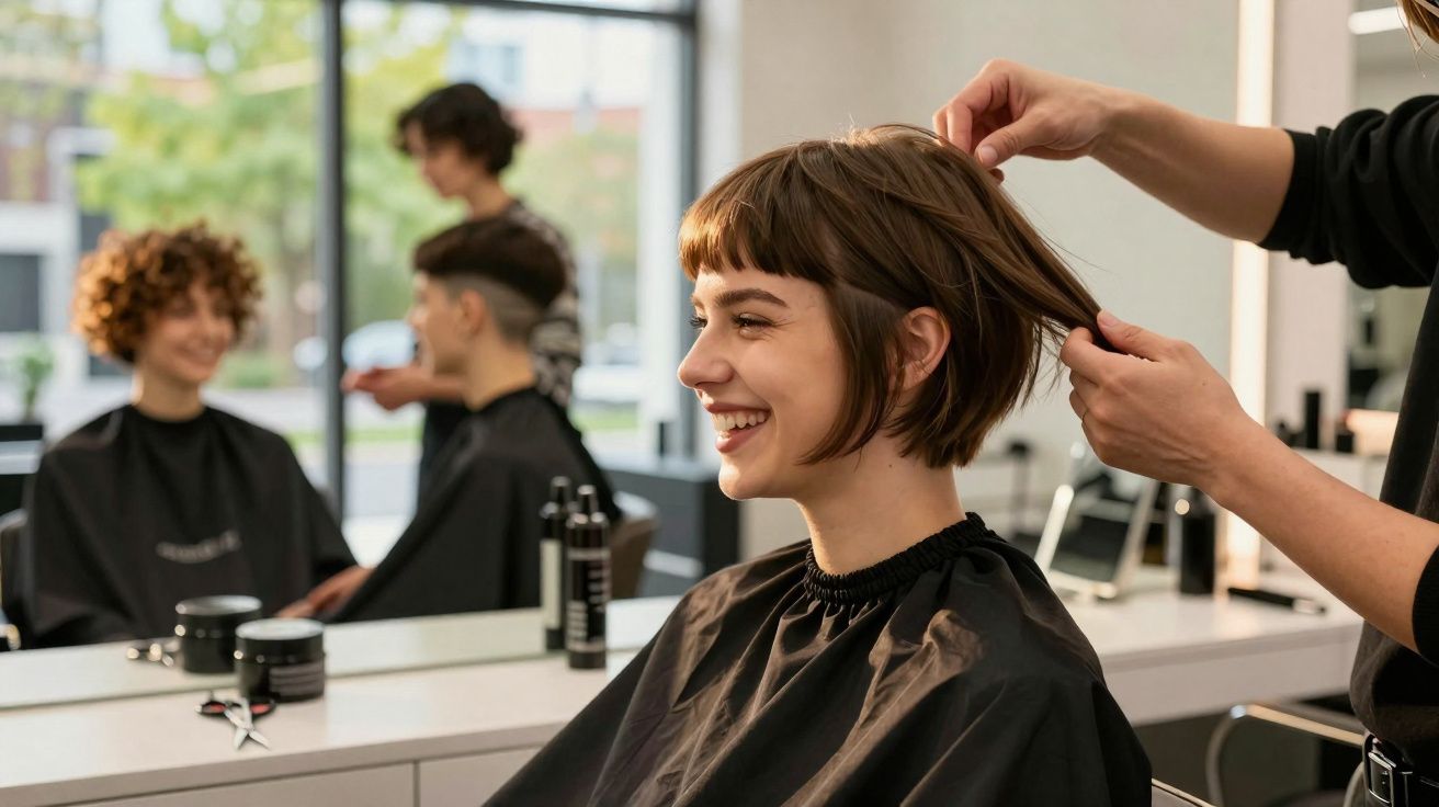 Cliente sorridente a ser penteada por cabeleireiro num salão de beleza moderno.