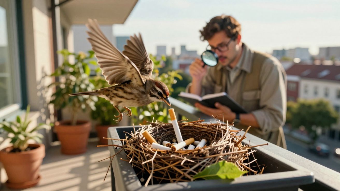 Pássaro pousando num ninho cheio de beatas, com homem a observar ao fundo com lupa e livro.