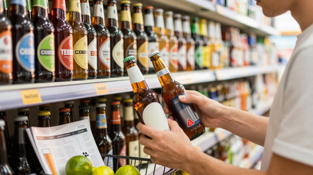 Pessoa a comparar duas garrafas de cerveja num supermercado, com prateleiras cheias ao fundo.