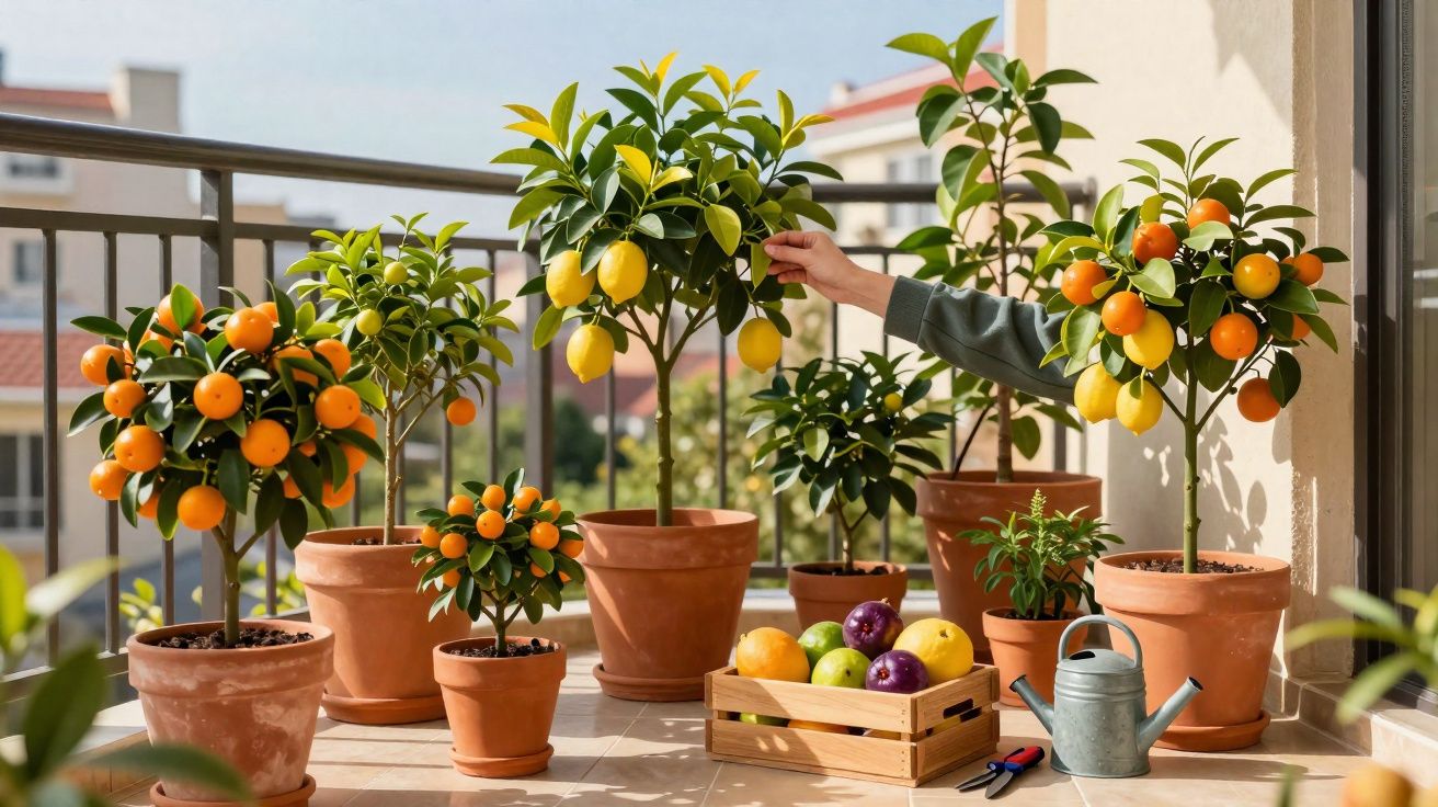 Varanda com várias plantas em vasos de barro, árvores de citrinos com frutos e uma mão a apanhar um limão.
