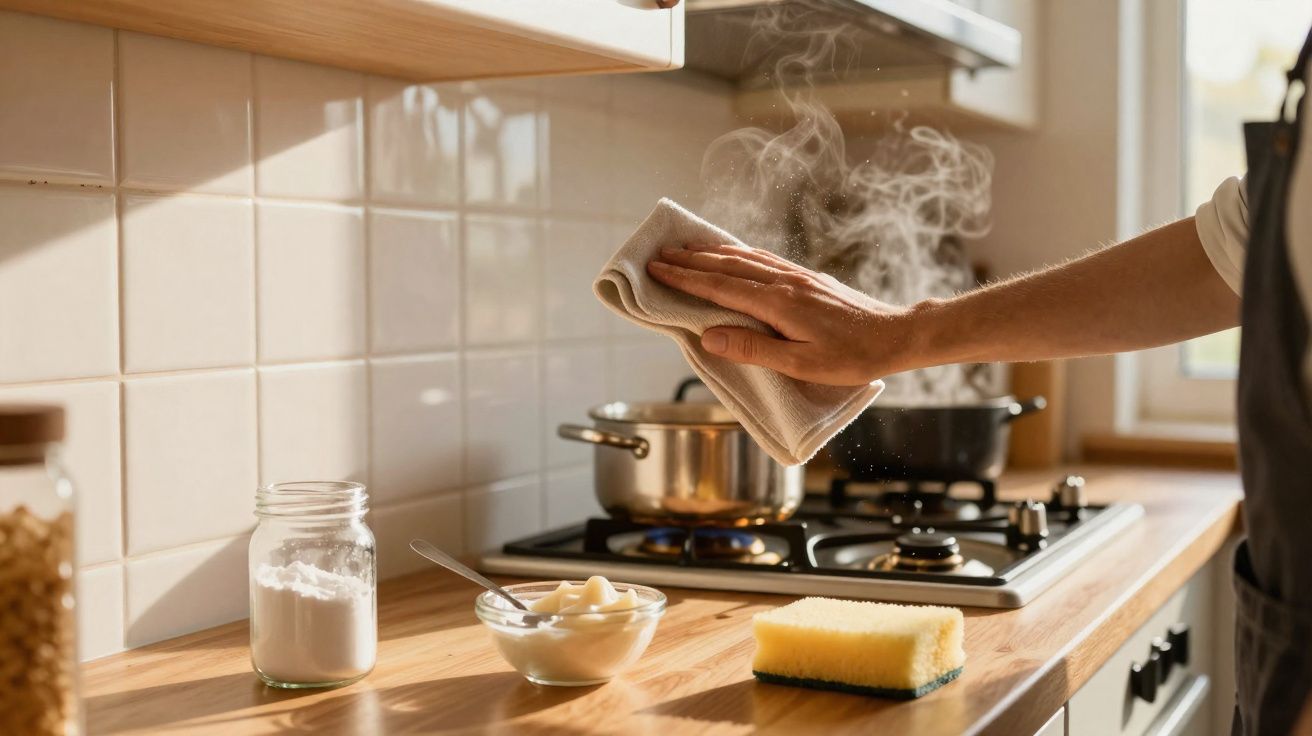 Pessoa a limpar a cozinha com pano enquanto cozinha, com vapores a sair das panelas no fogão a gás.