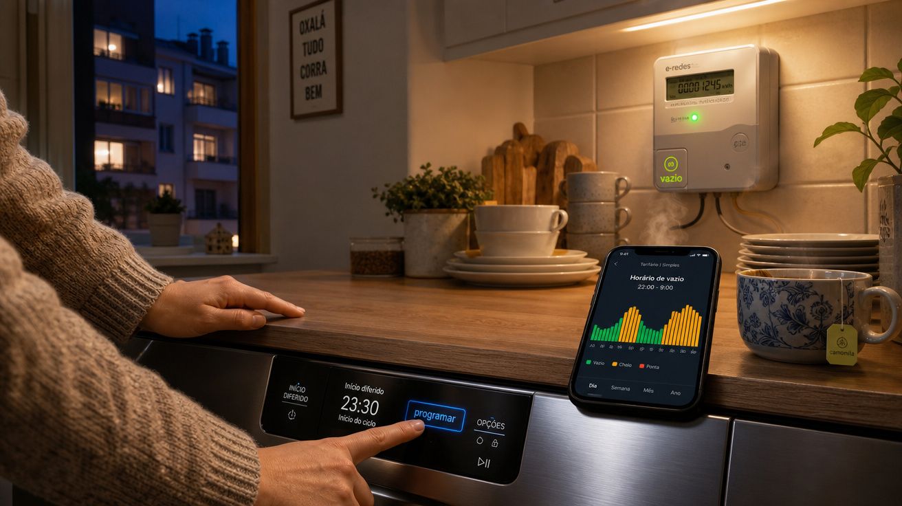 Pessoa a programar um eletrodoméstico inteligente numa cozinha com monitor de energia e smartphone.