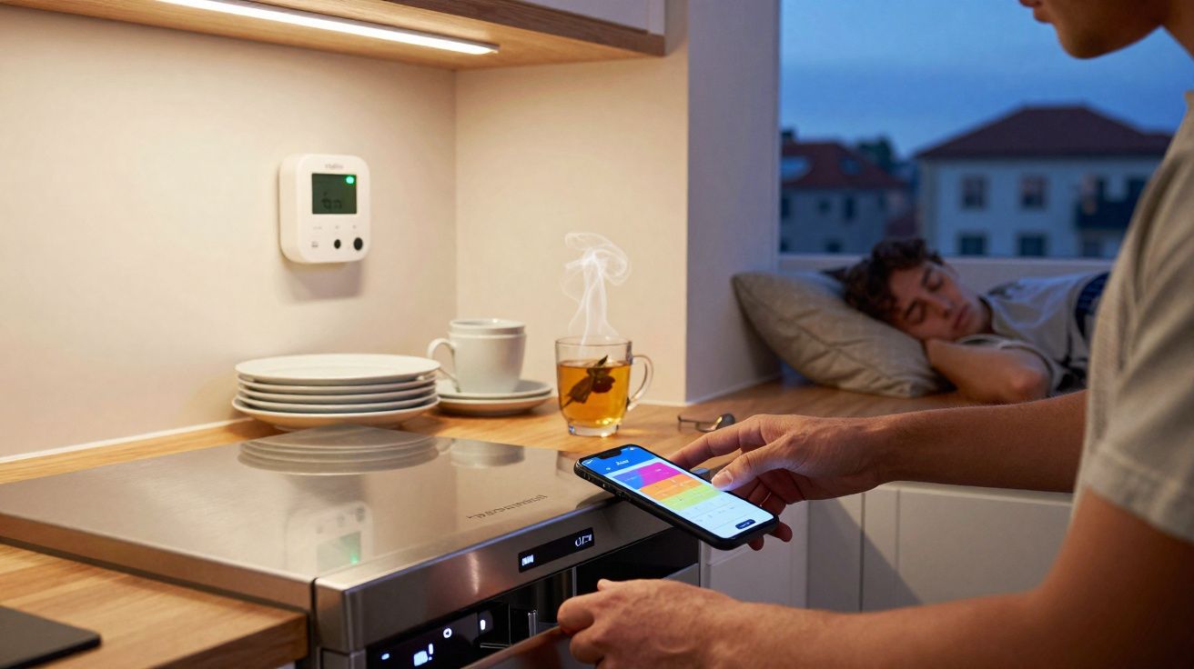 Pessoa controla máquina de café com telemóvel numa cozinha moderna, enquanto outra dorme ao fundo numa janela.