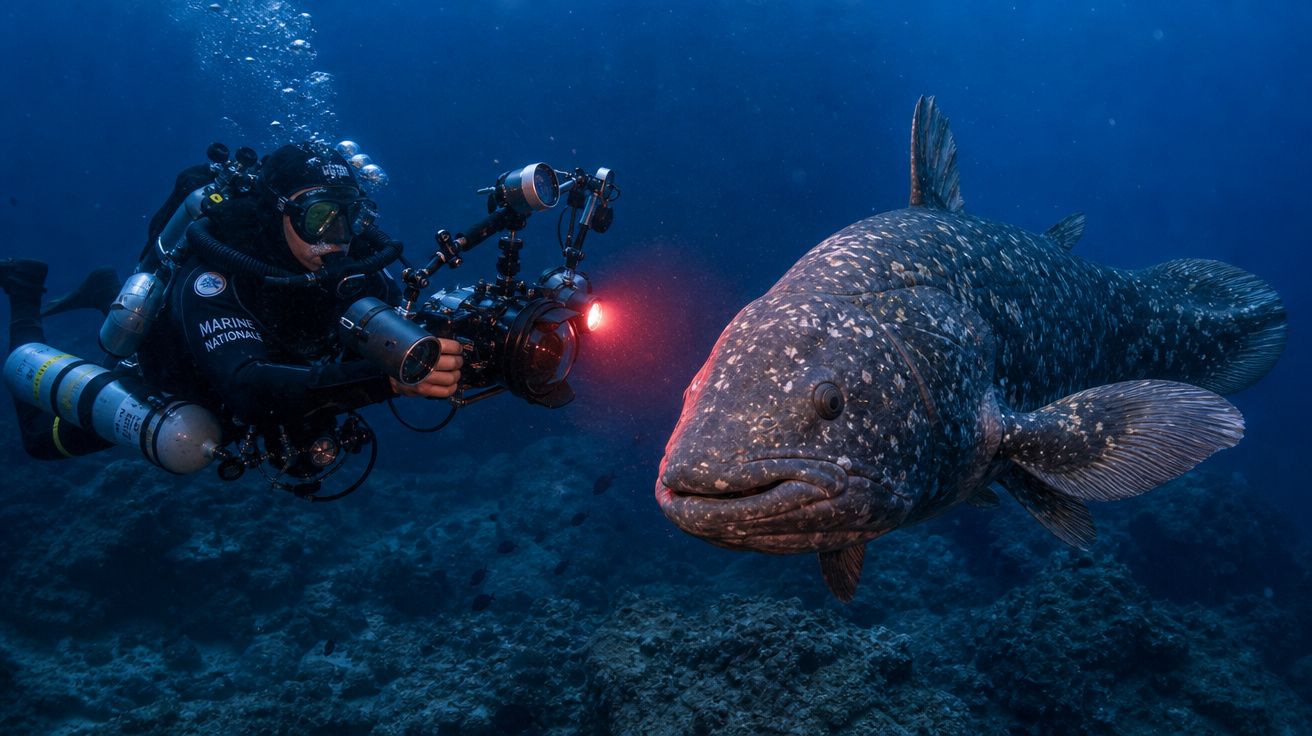 Mergulhador com câmara profissional a fotografar um grande peixe gigante sob água azul escura.