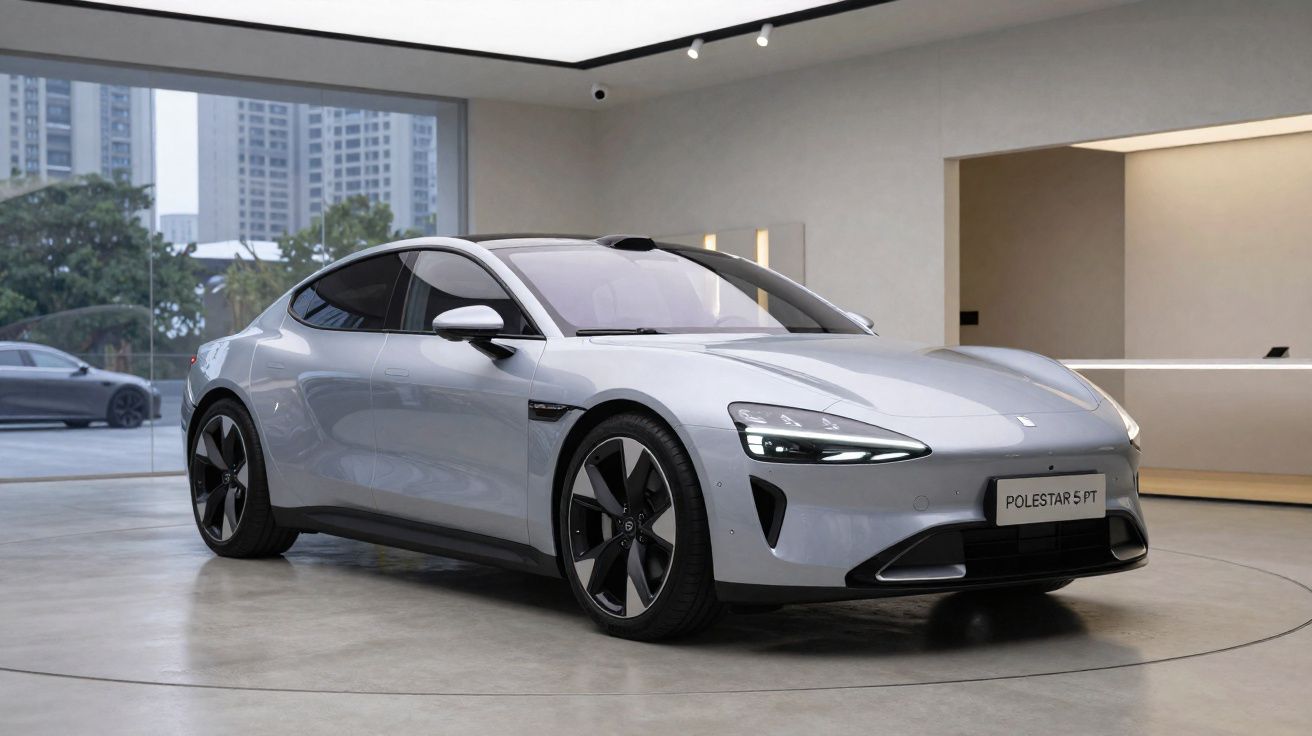 Carro eléctrico Polestar 5 prata estacionado numa sala moderna com janelas grandes e vista urbana.