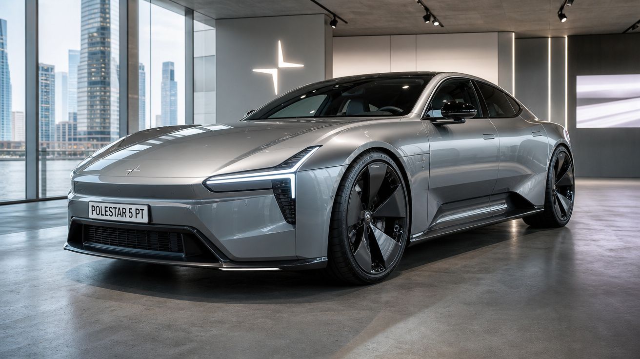 Carro elétrico desportivo Polestar 5 cinzento num espaço interior moderno com grandes janelas.