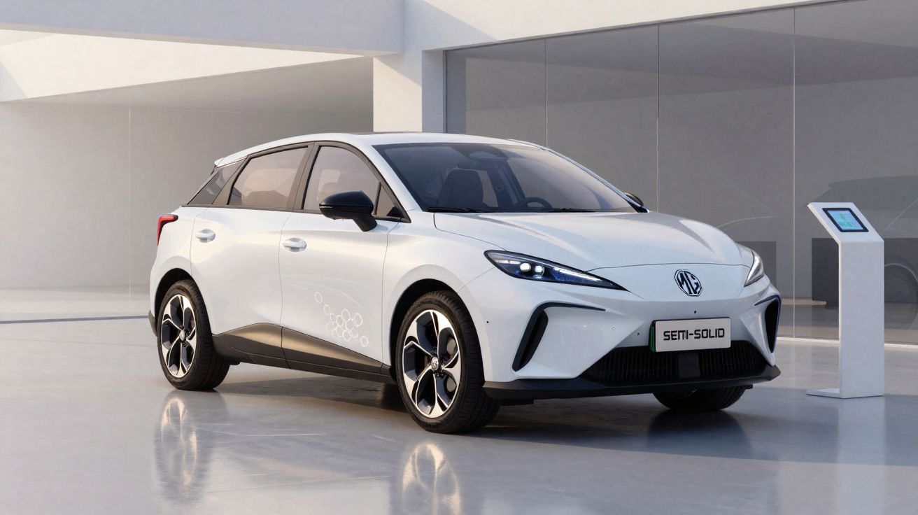 Carro elétrico branco MG Semi-Solid estacionado em espaço moderno e minimalista com pedestal tecnológico.