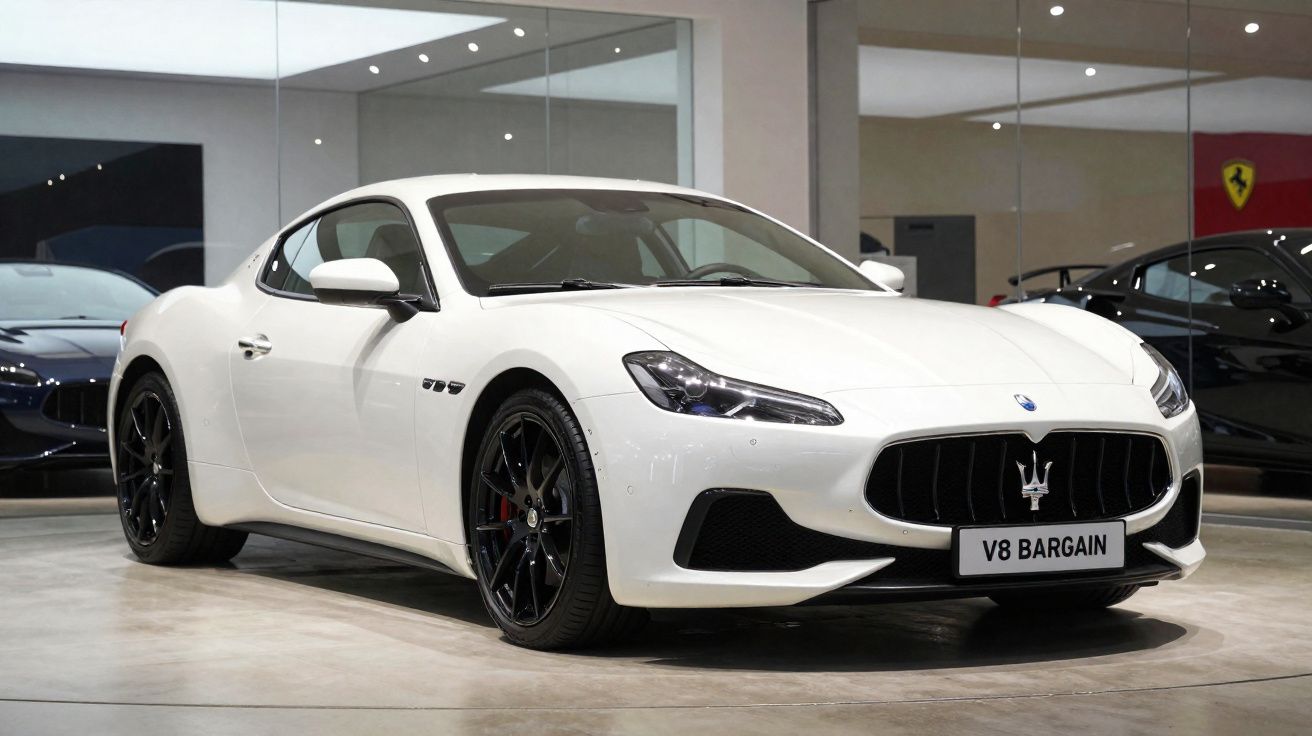 Carro desportivo Maserati branco com jantes pretas numa sala de exposição com espelhos.