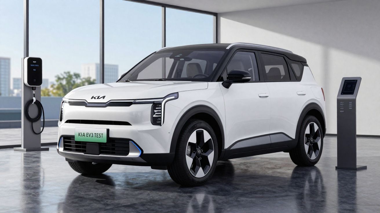 Carro elétrico branco Kia EV3 estacionado junto a posto de carregamento em interior moderno e iluminado.