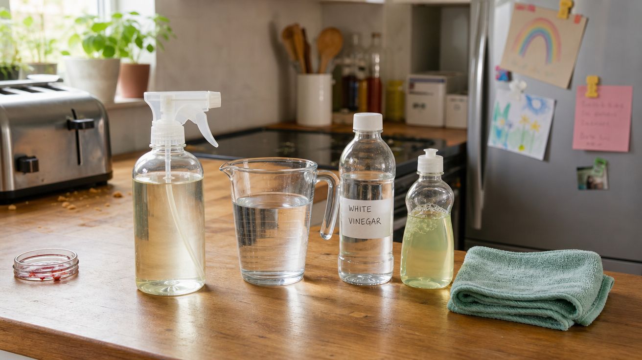 Superfície de cozinha com spray de limpeza, copo medidor com água, vinagre branco, detergente e pano verde.