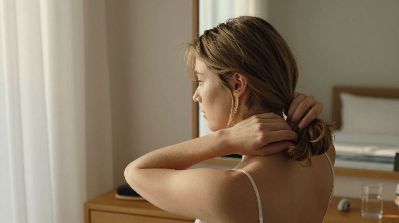 Mulher de perfil a prender o cabelo num quarto com decoração minimalista e luz natural suave.