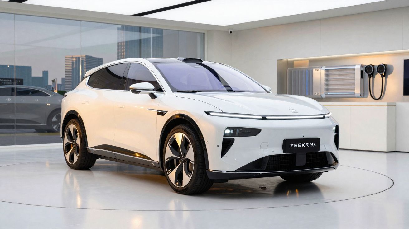 Carro elétrico branco Zeekr 9X estacionado numa sala moderna com carregadores na parede.