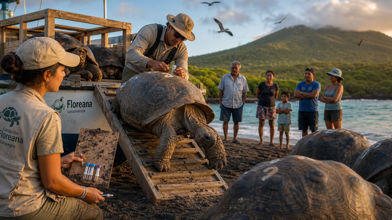 Biólogos marinhos a estudar tartarugas gigantes na praia de Floreana com turistas a observar.
