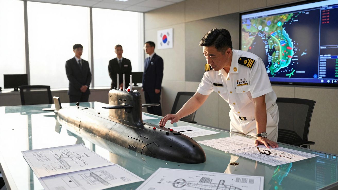 Homem fardado examina maquete de submarino em sala de controlo com mapas e documentos técnicos.