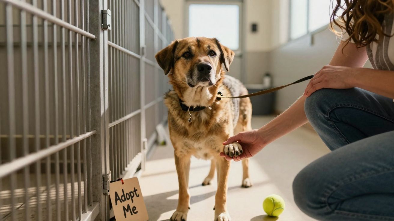 Cão castanho em canil a dar a pata a pessoa com placa "Adopt Me" e bola de ténis no chão.