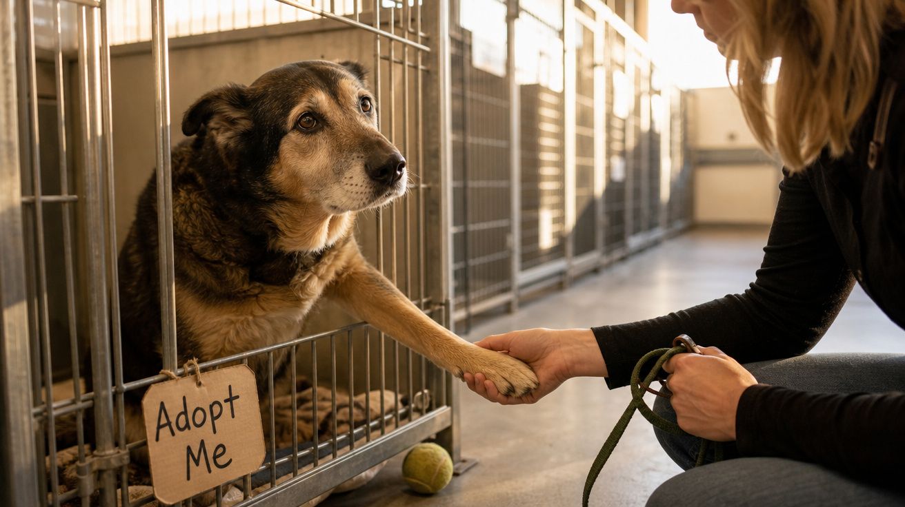 Cão numa gaiola com placa “Adopt Me” a dar a pata a pessoa num abrigo de animais.