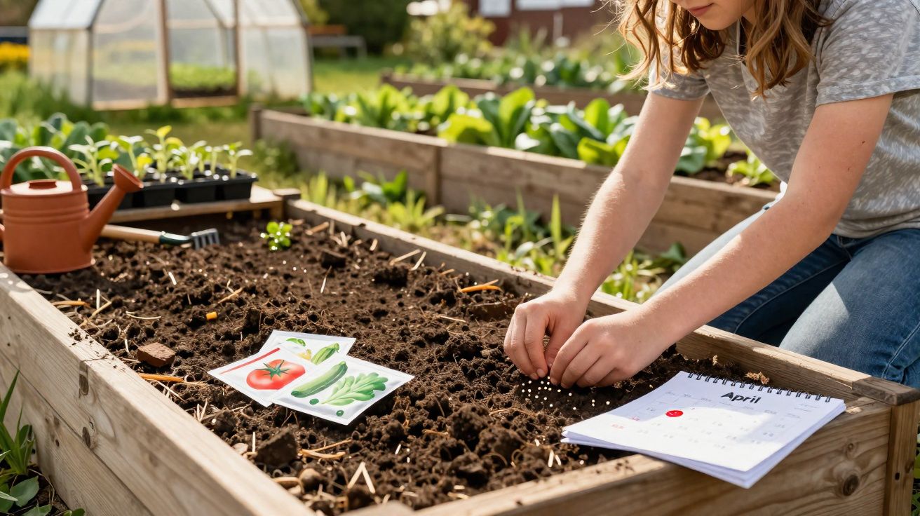 Pessoa a semear sementes numa horta elevada com calendário e ilustrações de vegetais ao lado.