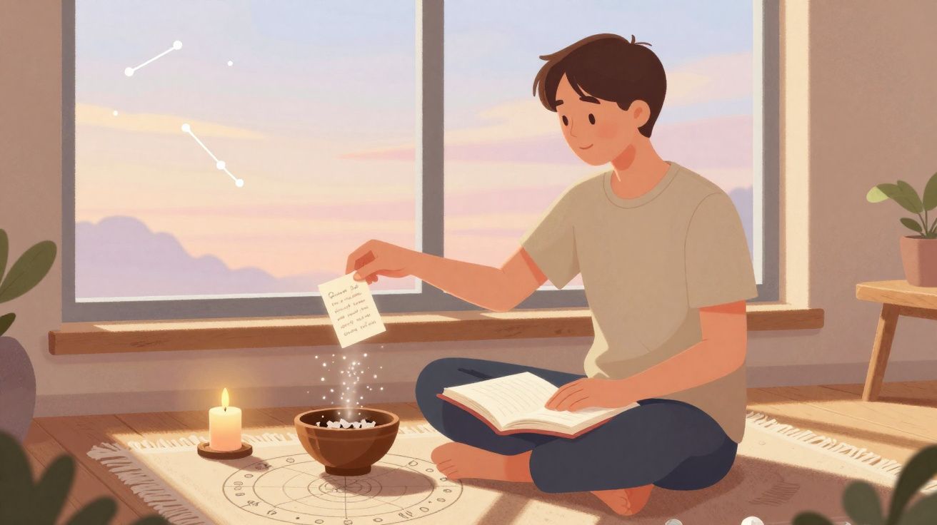 Pessoa sentada no chão a realizar ritual com caderno, vela acesa e símbolos místicos perto de janela ao pôr do sol.