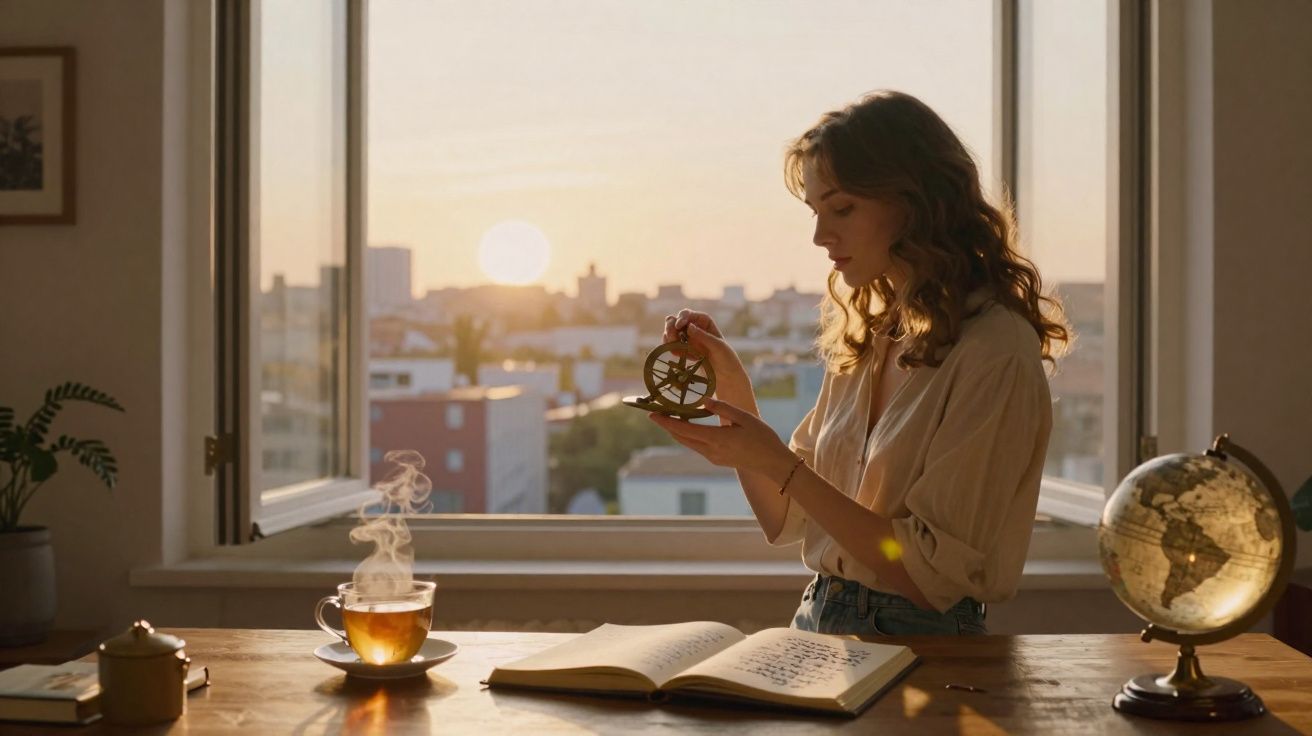 Mulher sentada junto a uma mesa com chá, livro aberto, globo e objeto decorativo, ao pôr do sol na janela.
