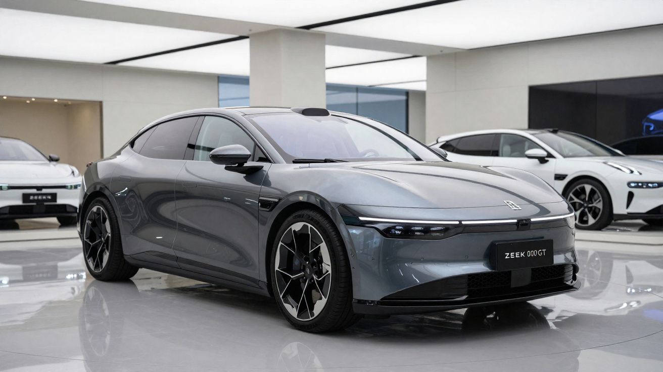 Carro elétrico cinzento ZEEK 000GT num espaço moderno com outros carros ao fundo.